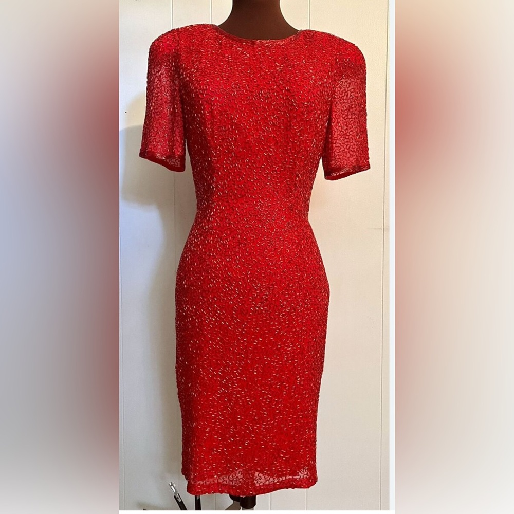 VINTAGE OLEG CASSINI BLACK TIE RED FULLY BEADED SILK COCKTAIL DRESS